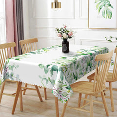 Aperturee - Aperturee Watercolor Eucalyptus and Purple Bud Rectangle Tablecloth Green Vine Botanical Table Cover Garden Decor