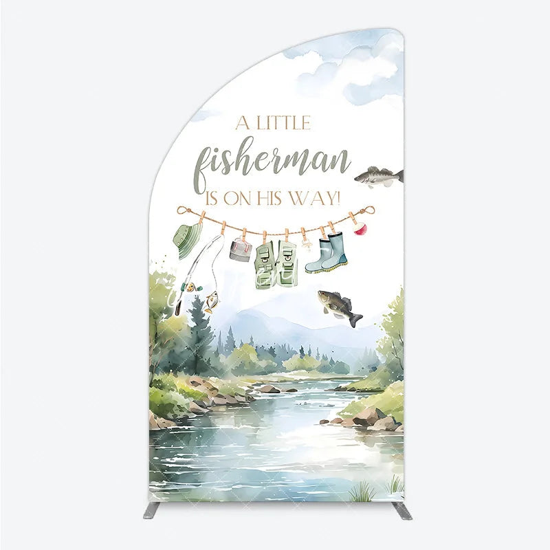 Aperturee - Aperturee Watercolor Fishing Theme Baby Shower Half Moon Arch Backdrop A Little Fisherman Is On His Way Party Decor