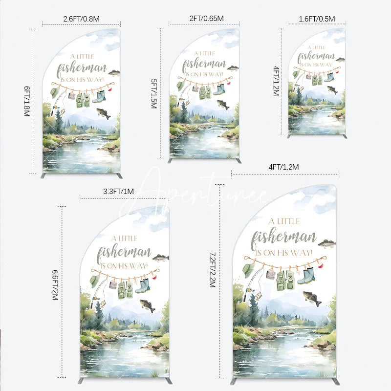 Aperturee - Aperturee Watercolor Fishing Theme Baby Shower Half Moon Arch Backdrop A Little Fisherman Is On His Way Party Decor