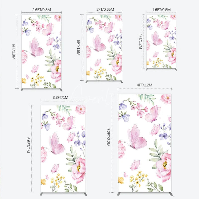 Aperturee - Aperturee Watercolor Floral Rectangle Arch Backdrop with Pink Butterflies Peonies and Purple Blossoms Spring Garden Theme