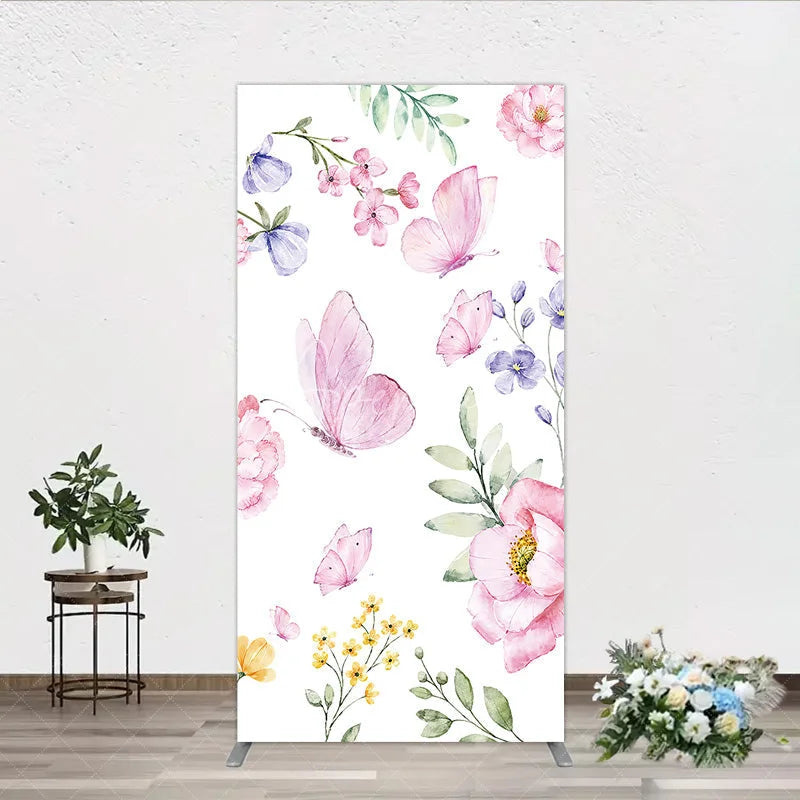 Aperturee - Aperturee Watercolor Floral Rectangle Arch Backdrop with Pink Butterflies Peonies and Purple Blossoms Spring Garden Theme