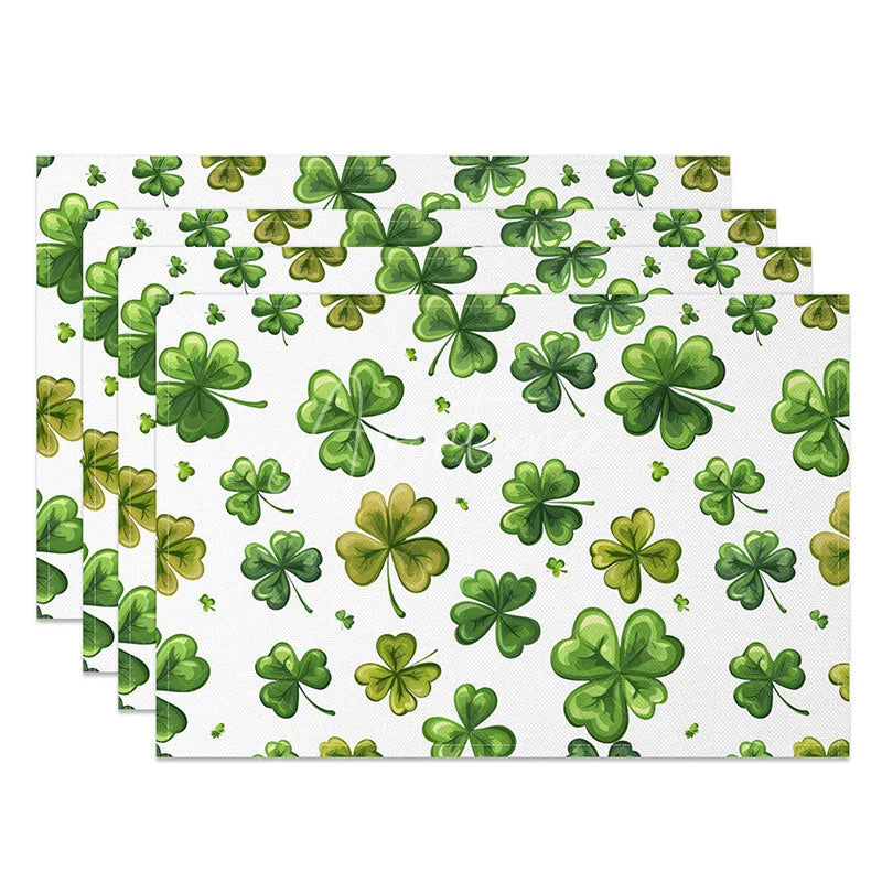 Aperturee - Aperturee Watercolor Green Clover Set of 4 Placemats St. Patricks Day Scattered Shamrocks Dining Table Mats