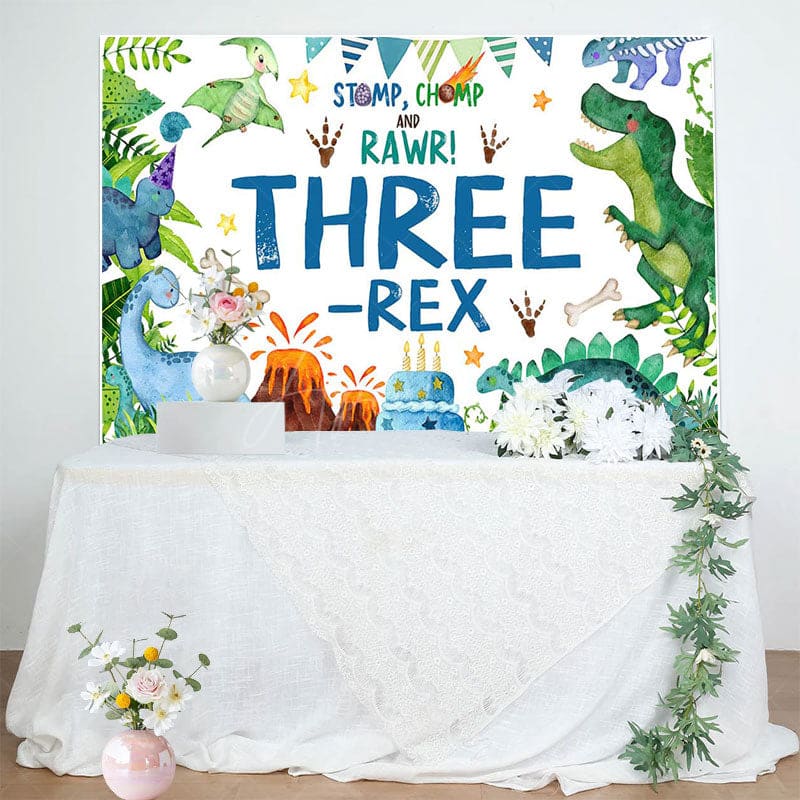 Aperturee - Aperturee Watercolor Green Dinosaur Three Rex Birthday Backdrop