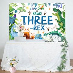 Aperturee - Aperturee Watercolor Green Dinosaur Three Rex Birthday Backdrop