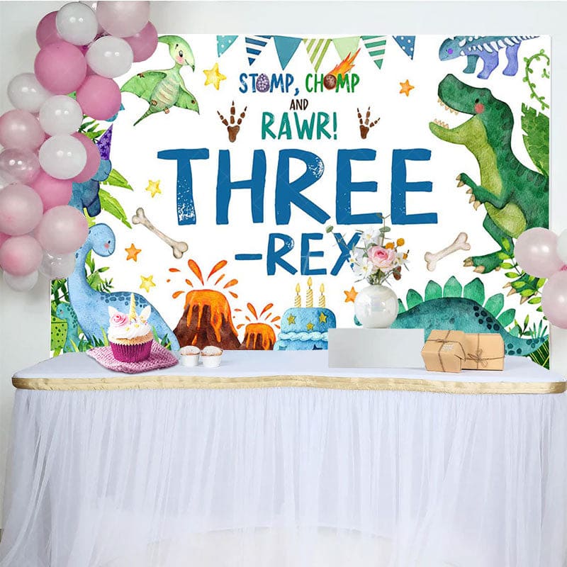 Aperturee - Aperturee Watercolor Green Dinosaur Three Rex Birthday Backdrop