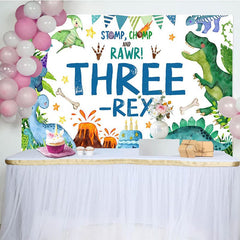 Aperturee - Aperturee Watercolor Green Dinosaur Three Rex Birthday Backdrop