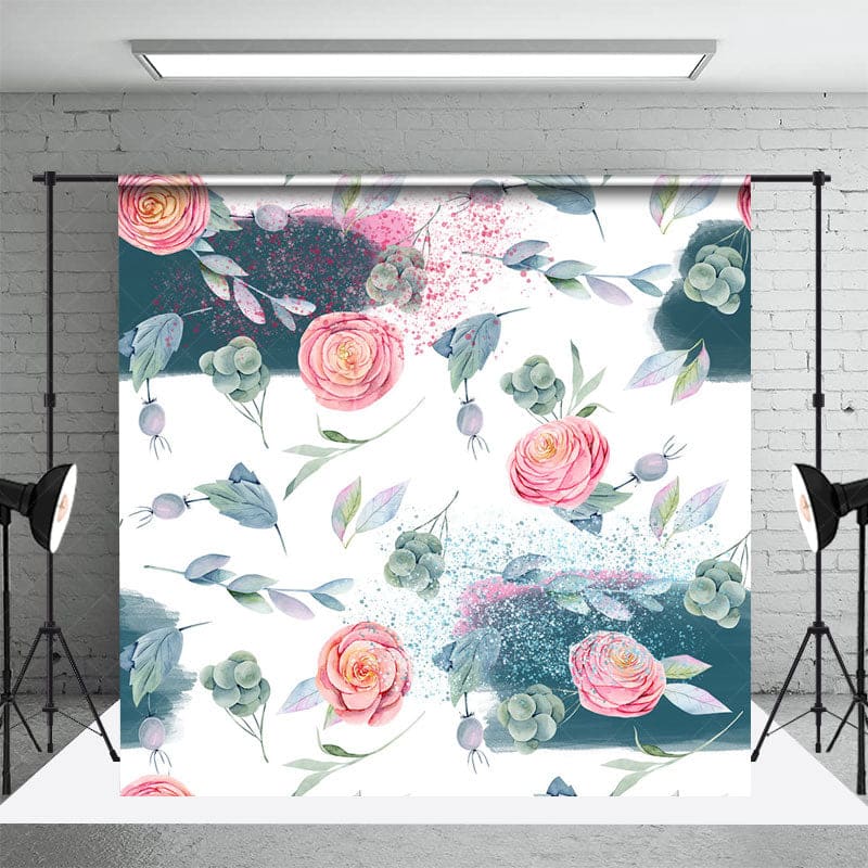 Aperturee - Aperturee Watercolor Green Fruit Leaves Pink Rose Backdrop