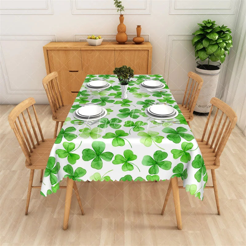 Aperturee - Aperturee Watercolor Green Shamrock Rectangle Tablecloth St Patricks Day Four Leaf Clover Table Cover Decor