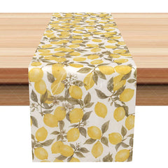 Aperturee - Aperturee Watercolor Lemon Table Runner Yellow Citrus Fruit on White for Summer Farmhouse Kitchen Dining Decor