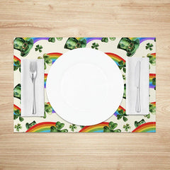Aperturee - Aperturee Watercolor Leprechaun Hat Pattern Set of 4 Placemats St. Patricks Day Rainbow and Clover Table Mats