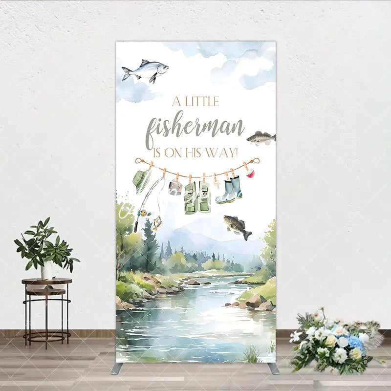 Aperturee - Aperturee Watercolor Little Fisherman Is On His Way Baby Shower Rectangle Arch Backdrop River Landscape Decor
