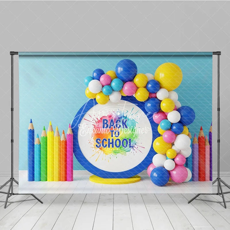 Aperturee - Aperturee Watercolor Paint Splash Back To School Backdrop Colored Pencils Blue Circle Balloon Background Art Photography