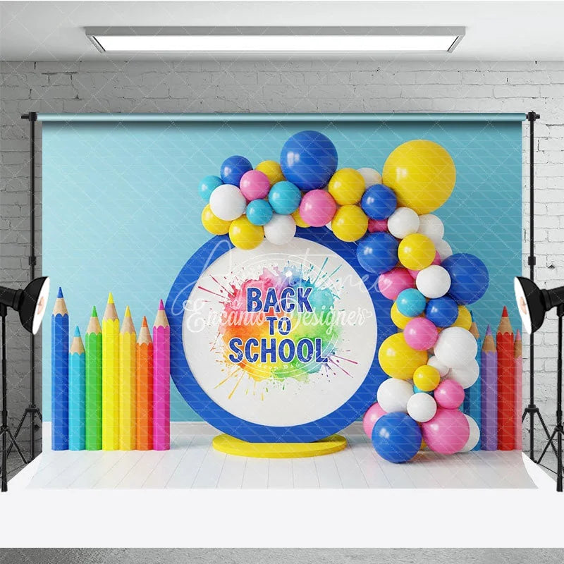 Aperturee - Aperturee Watercolor Paint Splash Back To School Backdrop Colored Pencils Blue Circle Balloon Background Art Photography