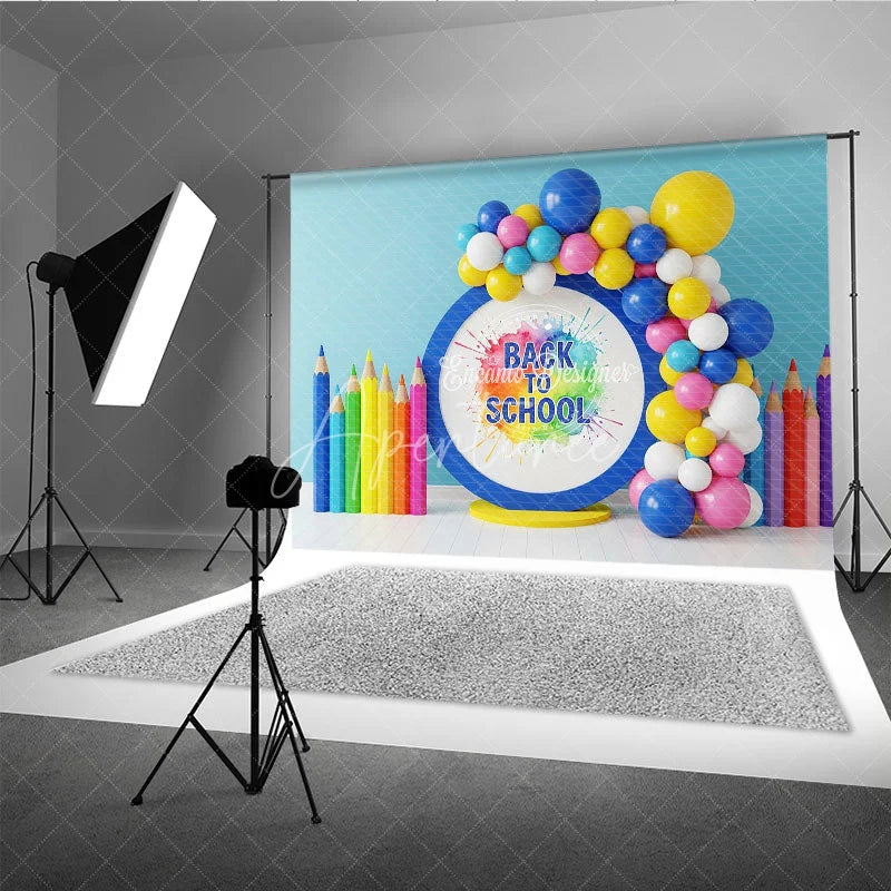 Aperturee - Aperturee Watercolor Paint Splash Back To School Backdrop Colored Pencils Blue Circle Balloon Background Art Photography