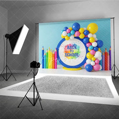 Aperturee - Aperturee Watercolor Paint Splash Back To School Backdrop Colored Pencils Blue Circle Balloon Background Art Photography