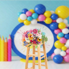 Aperturee - Aperturee Watercolor Paint Splash Back To School Backdrop Colored Pencils Blue Circle Balloon Background Art Photography