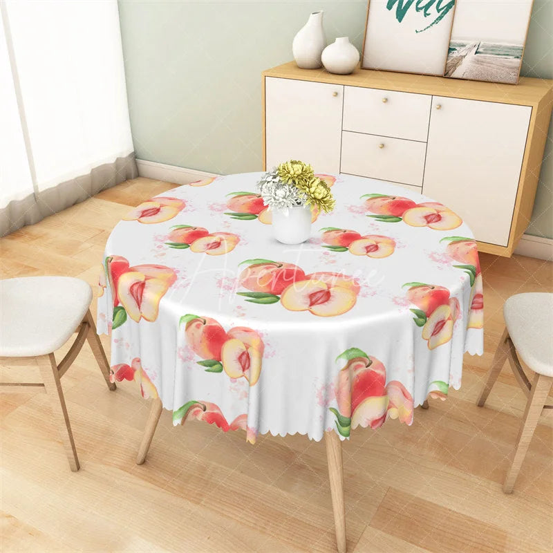 Aperturee - Aperturee Watercolor Peach Fruit Round Tablecloth Sweet Summer Pink Peach Table Cover for Picnic