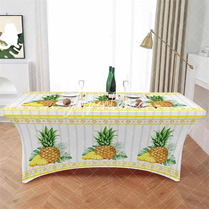 Aperturee - Aperturee Watercolor Pineapple Fruit Grey Stripe Stretch Table Cover