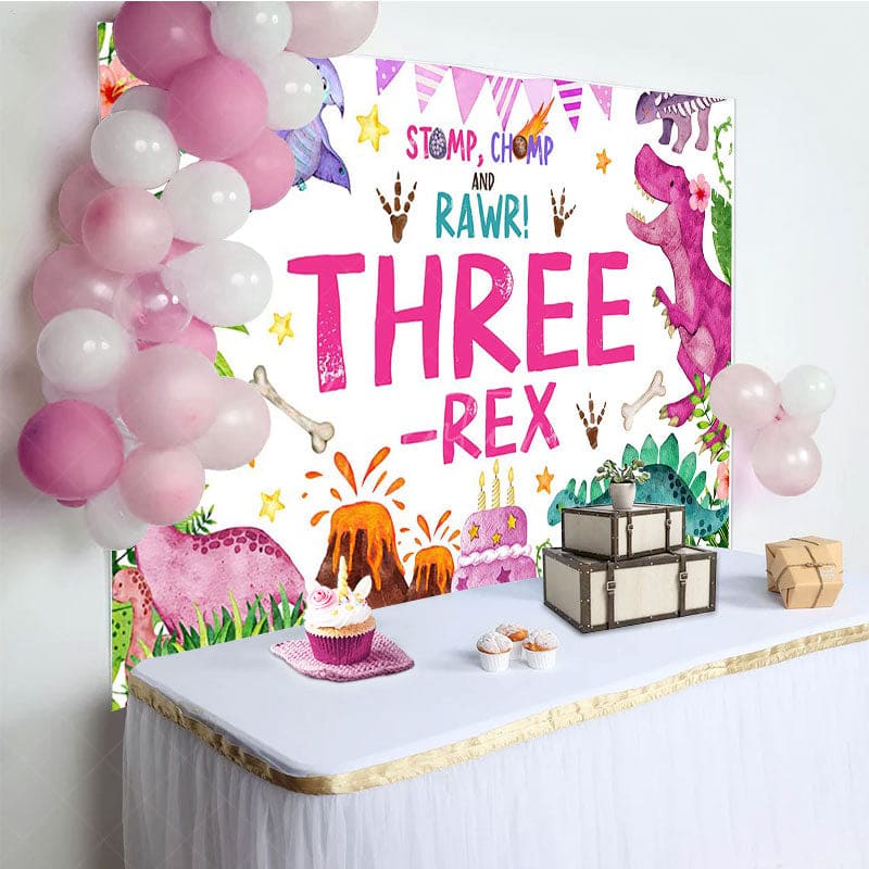 Aperturee - Aperturee Watercolor Pink Dinosaur Three Rex Birthday Backdrop