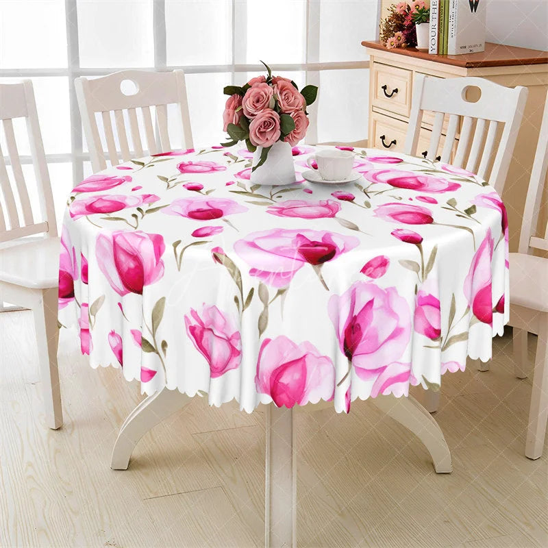 Aperturee - Aperturee Watercolor Pink Peony Round Tablecloth Spring Floral Flower Pattern Table Cover for Wedding