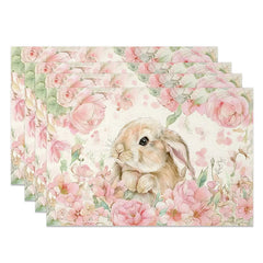 Aperturee - Aperturee Watercolor Pink Rose Set of 4 Placemats Easter Bunny Floral Spring Table Mats for Holiday Party
