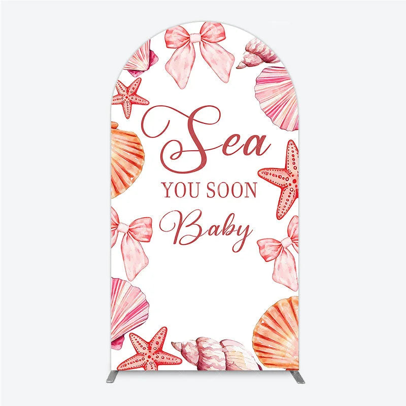 Aperturee - Aperturee Watercolor Pink Seashell and Starfish Arch Backdrop Sea You Soon Baby Shower Party Decoration