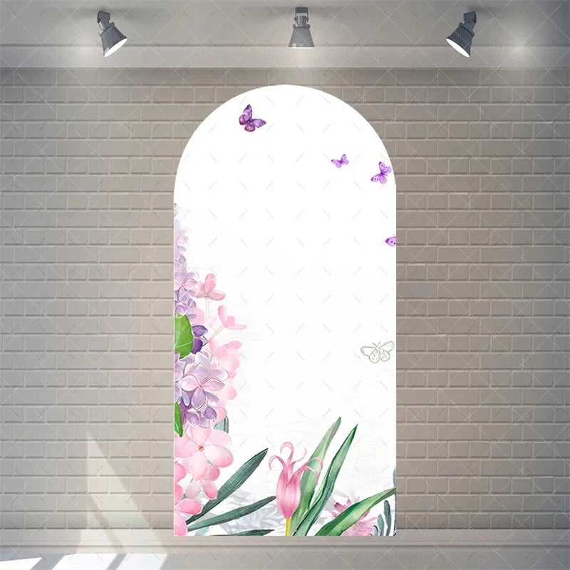 Aperturee - Aperturee Watercolor Purple Floral Arch Backdrop Pink Rose Flower Background for Wedding Party