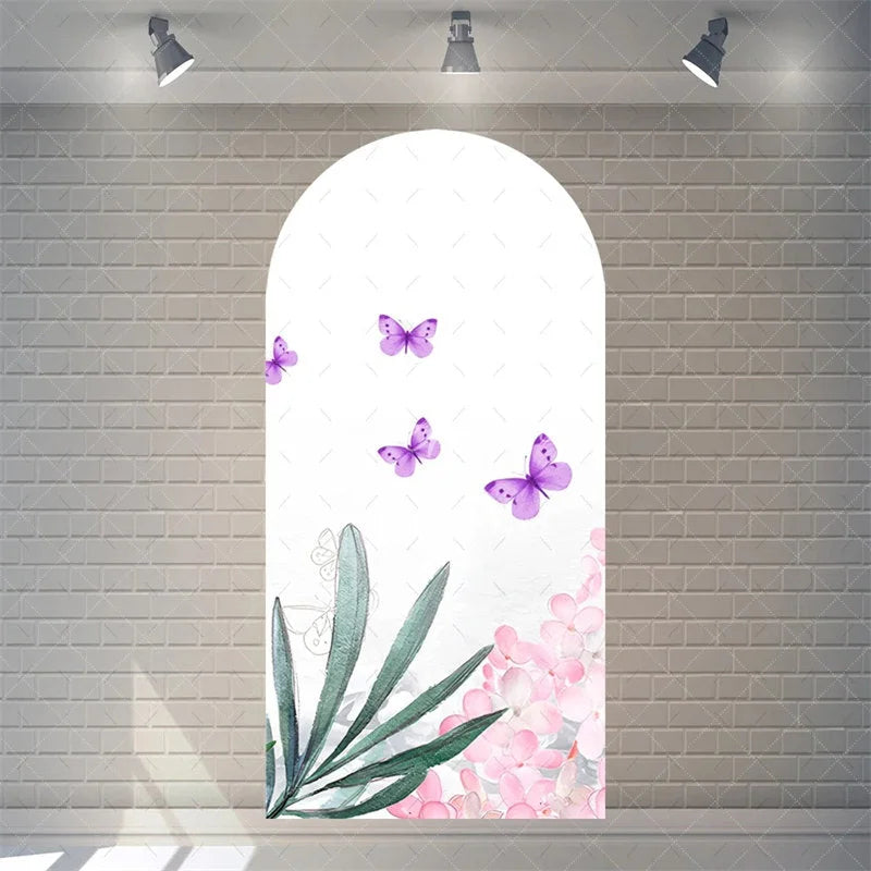 Aperturee - Aperturee Watercolor Purple Floral Arch Backdrop Pink Rose Flower Background for Wedding Party