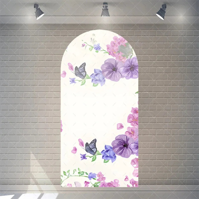Aperturee - Aperturee Watercolor Purple Floral Arch Backdrop Pink Rose Flower Background for Wedding Party