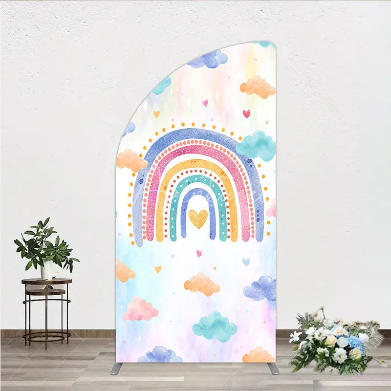 Aperturee - Aperturee Watercolor Rainbow Half Moon Arch Backdrop with Pastel Clouds and Heart for Baby Shower Birthday Party