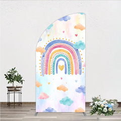 Aperturee - Aperturee Watercolor Rainbow Half Moon Arch Backdrop with Pastel Clouds and Heart for Baby Shower Birthday Party