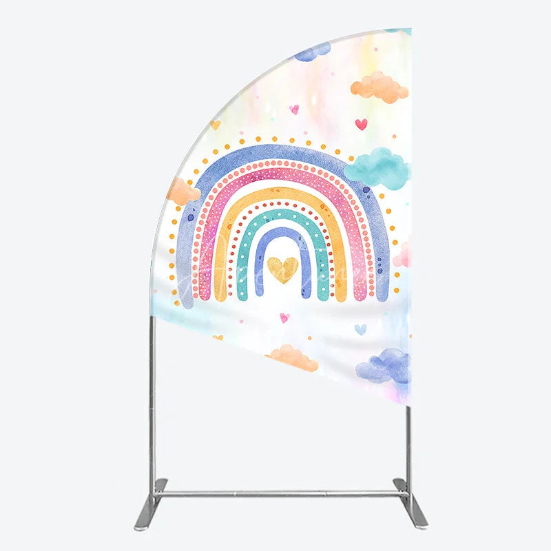 Aperturee - Aperturee Watercolor Rainbow Half Moon Arch Backdrop with Pastel Clouds and Heart for Baby Shower Birthday Party