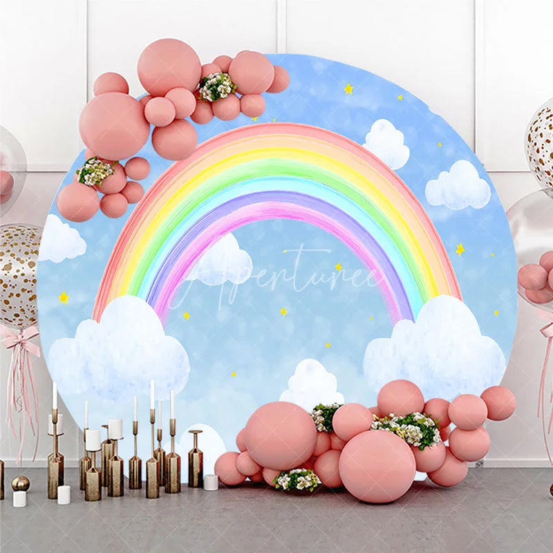 Aperturee - Aperturee Watercolor Rainbow in the Sky Round Backdrop Pastel Clouds and Stars for Birthday Baby Shower Photo Booth Decor