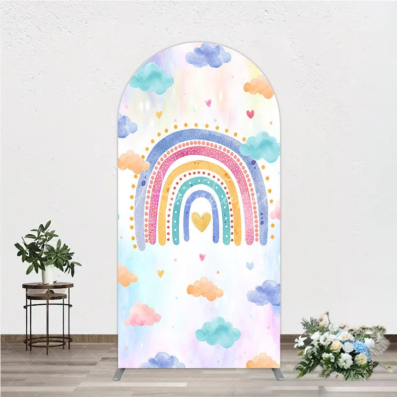 Aperturee - Aperturee Watercolor Rainbow with Pastel Clouds and Hearts Round Top Arch Backdrop Dreamy Baby Shower Birthday Decor