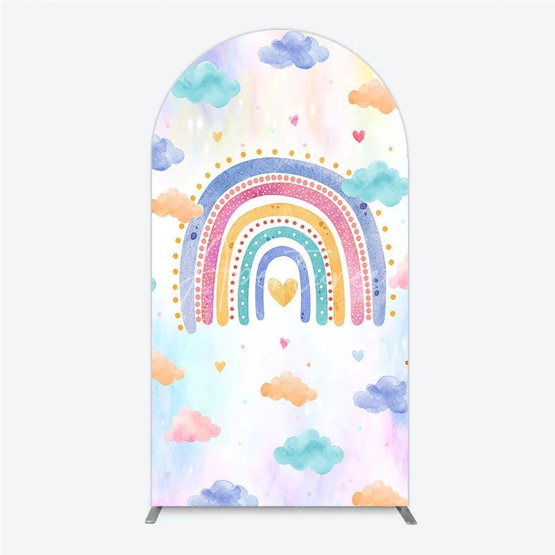 Aperturee - Aperturee Watercolor Rainbow with Pastel Clouds and Hearts Round Top Arch Backdrop Dreamy Baby Shower Birthday Decor