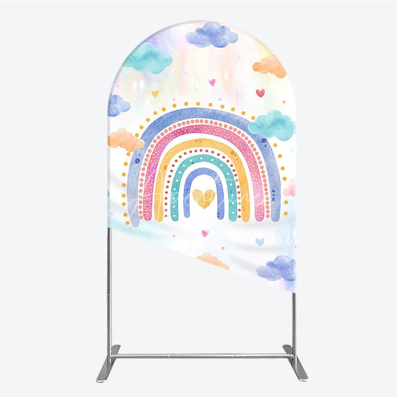 Aperturee - Aperturee Watercolor Rainbow with Pastel Clouds and Hearts Round Top Arch Backdrop Dreamy Baby Shower Birthday Decor