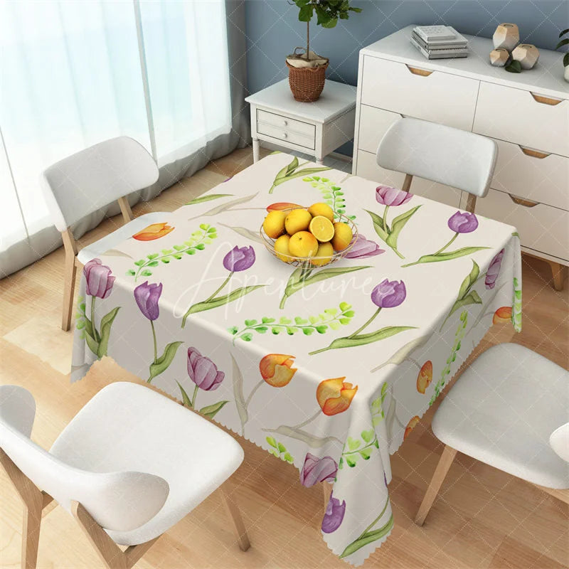 Aperturee - Aperturee Watercolor Spring Tulip Floral Rectangle Tablecloth Purple and Orange Flower Pattern Table Cover