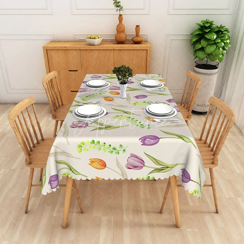 Aperturee - Aperturee Watercolor Tulip Floral Rectangle Tablecloth Purple Orange Flower Dining Table Cover for Spring
