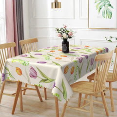 Aperturee - Aperturee Watercolor Tulip Floral Rectangle Tablecloth Purple Orange Flower Dining Table Cover for Spring