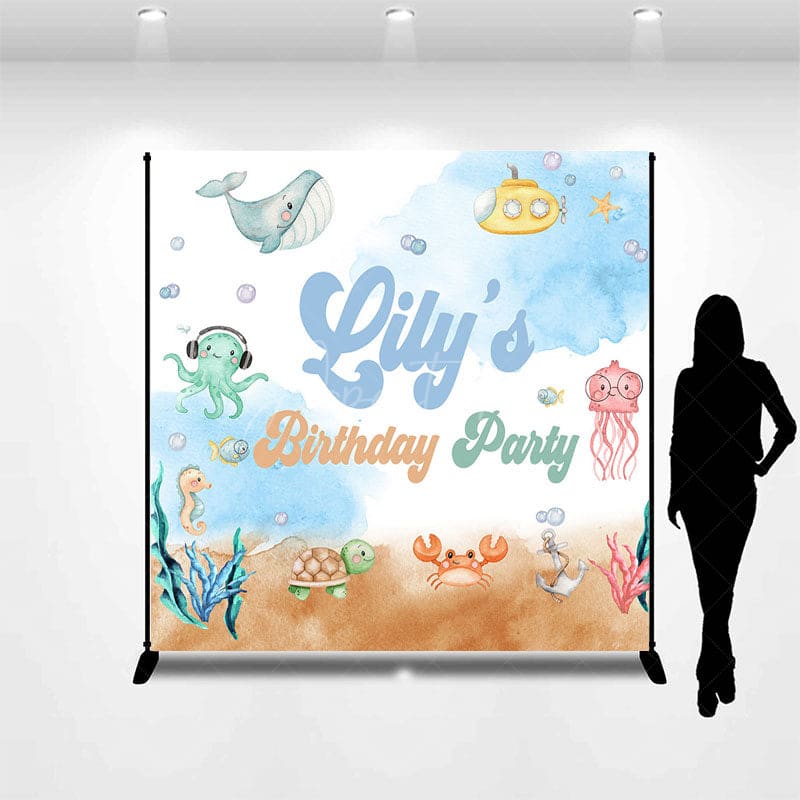 Aperturee - Aperturee Watercolor Undersea Animals Custom Birthday Backdrop