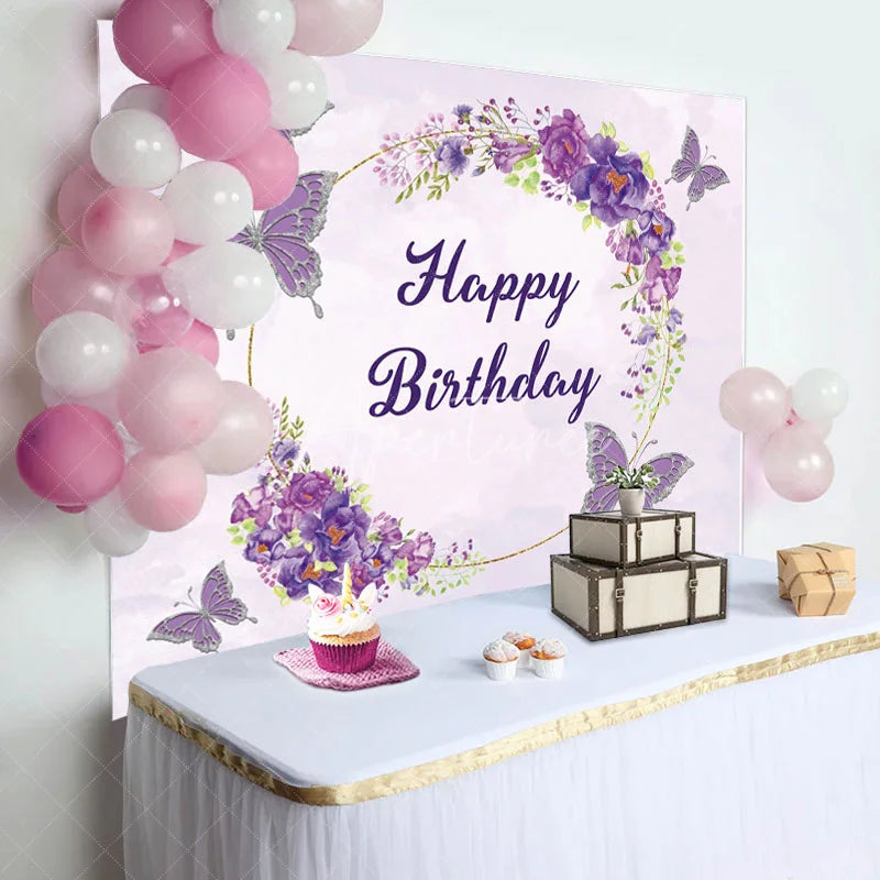 Aperturee - Aperturee Watercolor Violet Floral Butterfly Birthday Backdrop