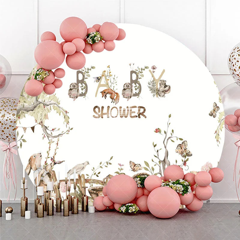 Aperturee - Aperturee Watercolor Woodland Animals Baby Shower Round Backdrop with Fox Rabbits and Forest Trees