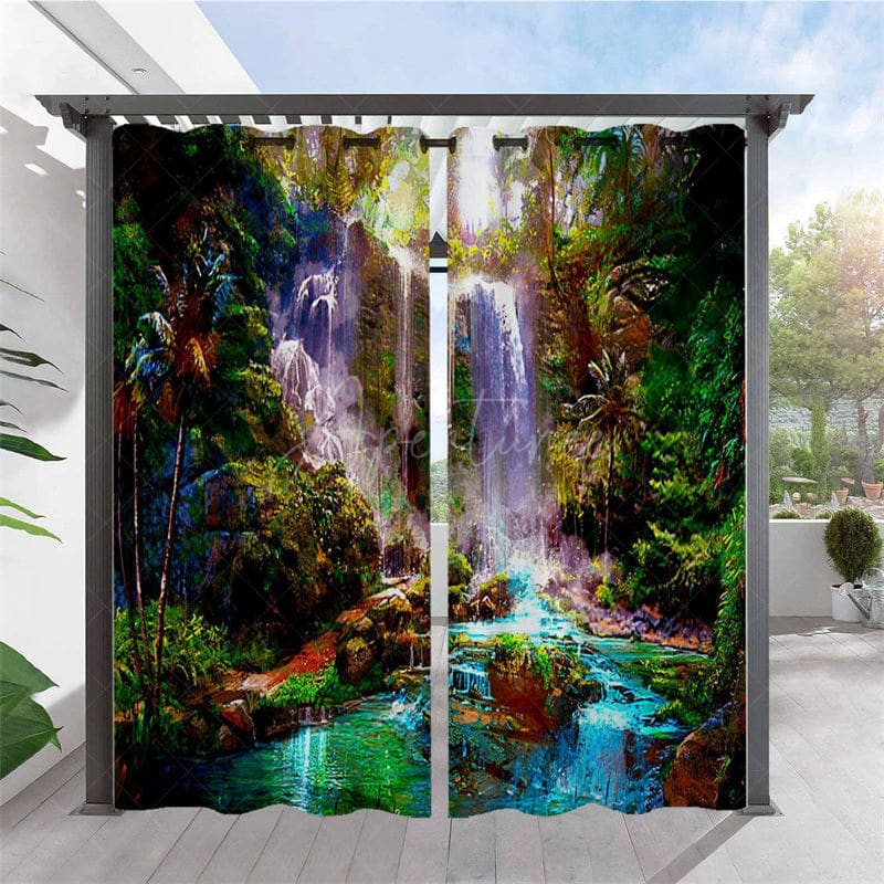Aperturee - Aperturee Waterproof Tribal Waterfall Landscape Outdoor Curtains For Gazebo