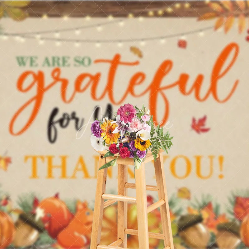 Aperturee - Aperturee We Are So Grateful For You Thanksgiving Backdrop Rustic Autumn with Pumpkins Fall Harvest Party Decor