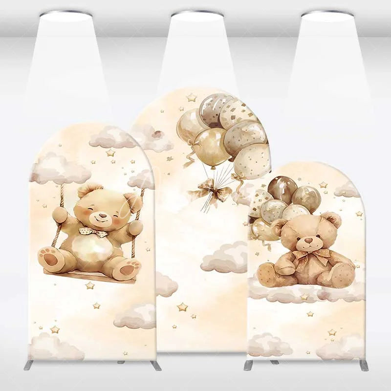 Aperturee - Aperturee We Can Bearly Wait Arch Backdrop for Baby Shower Cute Teddy Bear on Clouds with Balloons Neutral Party Decor