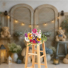 Aperturee - Aperturee We Can Bearly Wait Teddy Bear Photography Backdrop Rustic Shutters with Blue Hydrangeas Baby Shower Cake Smash