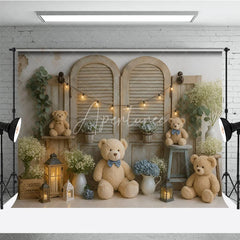 Aperturee - Aperturee We Can Bearly Wait Teddy Bear Photography Backdrop Rustic Shutters with Blue Hydrangeas Baby Shower Cake Smash