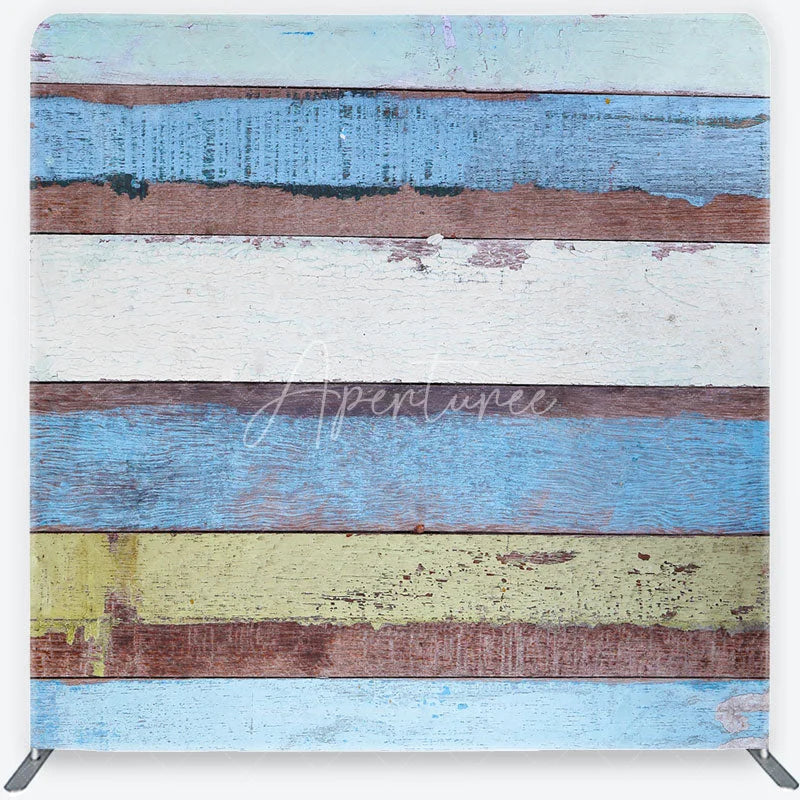 Aperturee - Aperturee Weathered Multicolored Wood Plank Tension Fabric Backdrop Rustic Beach House Photography Background