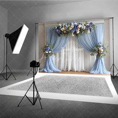 Aperturee - Aperturee Wedding Arch Backdrop Dusty Blue Drapes with Floral Decor Elegant Bridal Shower Photo Booth Background