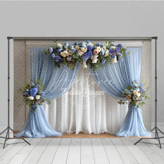 Aperturee - Aperturee Wedding Arch Backdrop Dusty Blue Drapes with Floral Decor Elegant Bridal Shower Photo Booth Background